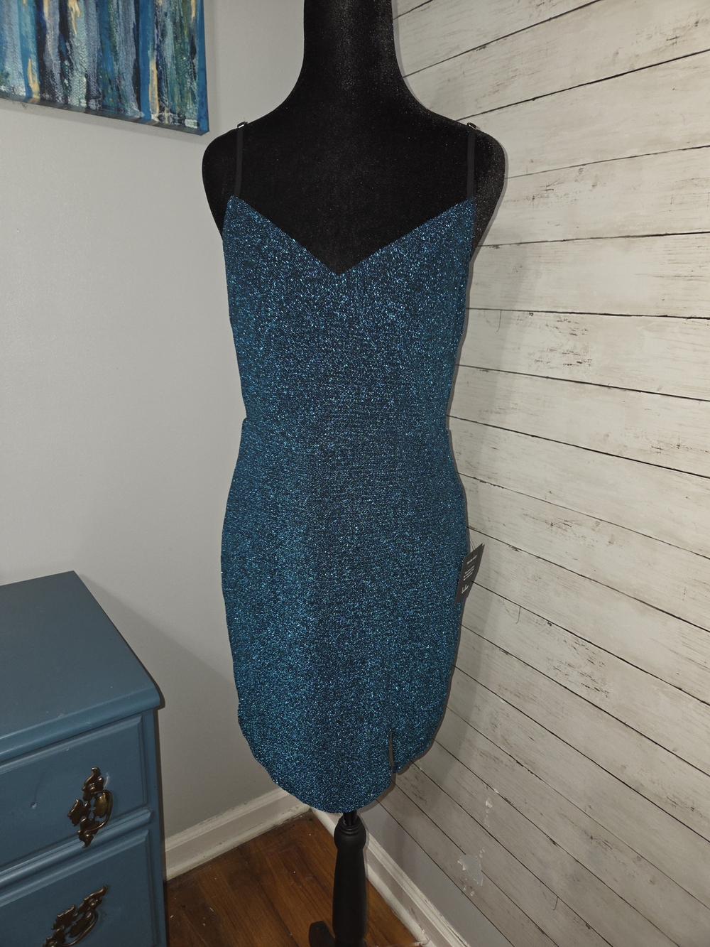 NWT Lulu's Sparkle Mesh Teal Slip Dress with Spaghetti Straps, Large, Small Slit